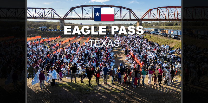 EAGLE PASS, TEXAS - Thousands of immigrants await processing at a U.S. Border Patrol transit center.