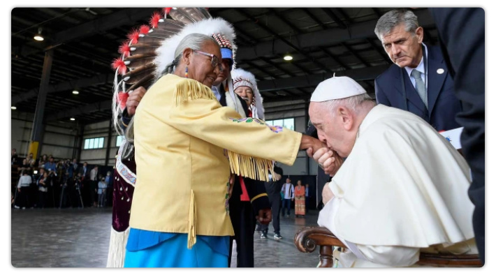 Pope Francis greets members of an indigenous tribe during his welcoming ceremony at Edmonton International Airport in Alberta, western Canada, on July 24, 2022. | Vatican Media