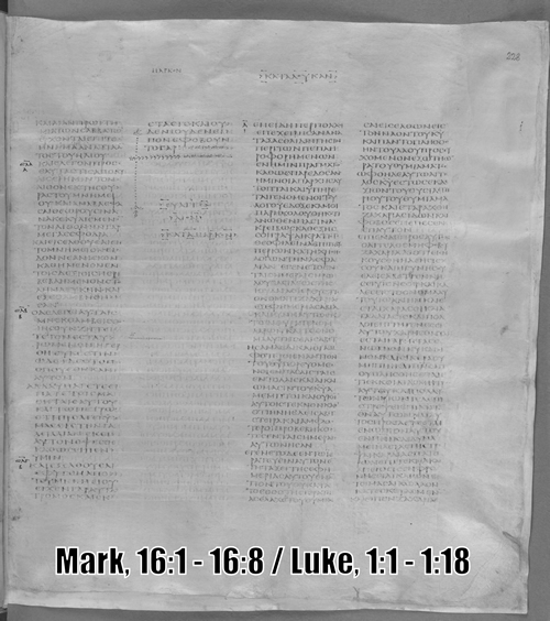 152 Figure 58 Q77 F5r, Page of Sinaiticus showing gap in text missing Mark 16_9-20 - Labeled.tif
