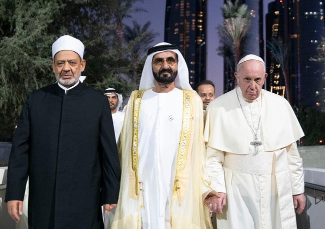 Pope Francis, on his visit to the United Arab Republic, is accompanied by the UAE Prime Minister Sheikh Mohamed bin Rashid Al Maktoum and Grand Imam Ahmad Al Tayyeb.
